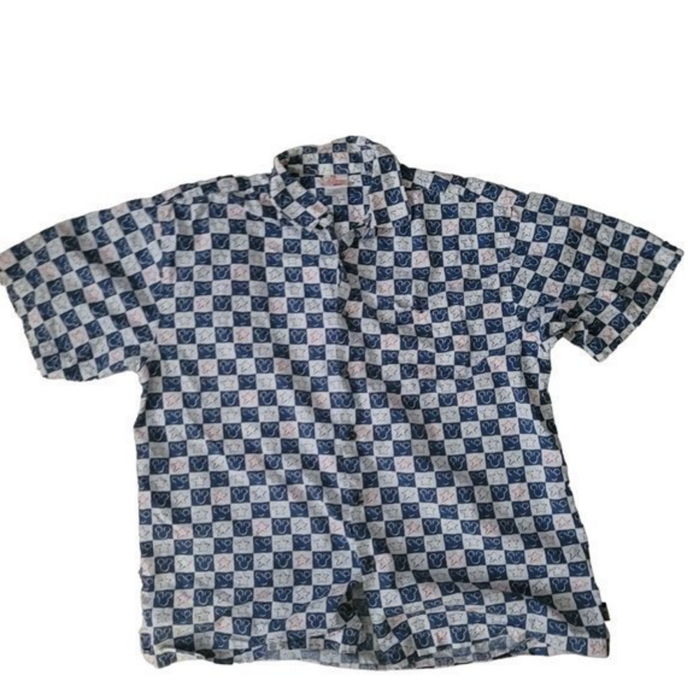 Disney Store Mens Large Checkerboard Mickey Mouse Cotton Button Front Shirt‎ L